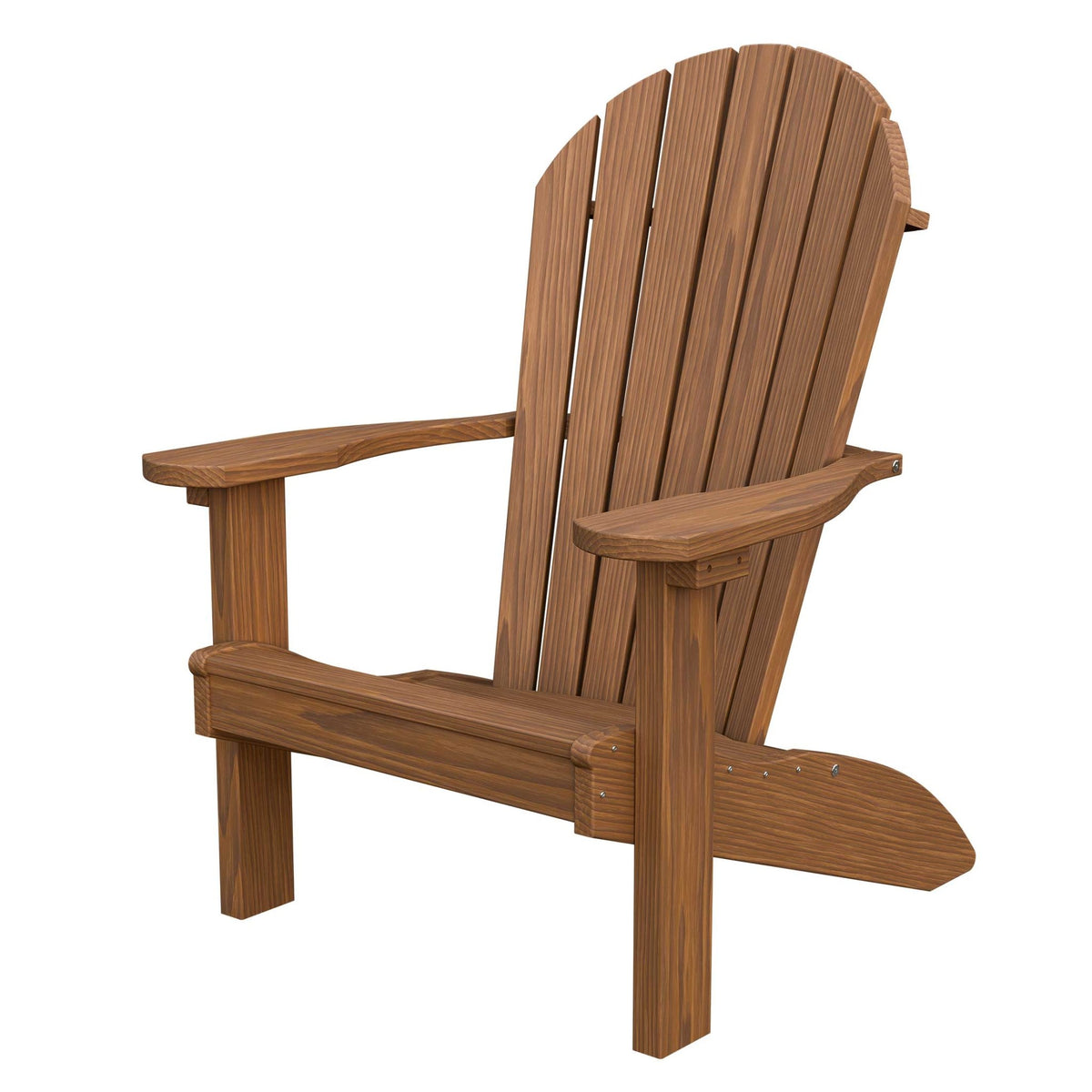 Medium walnut stained Adirondack chair with contoured back slats and wide arms on a white background