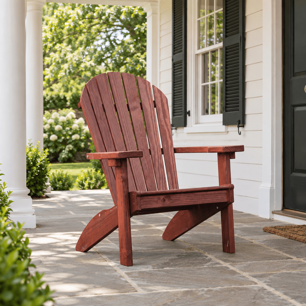 Amish Outdoor Patio Wood Adirondack Chair shown in the covered back porch of a traditional colonial home
