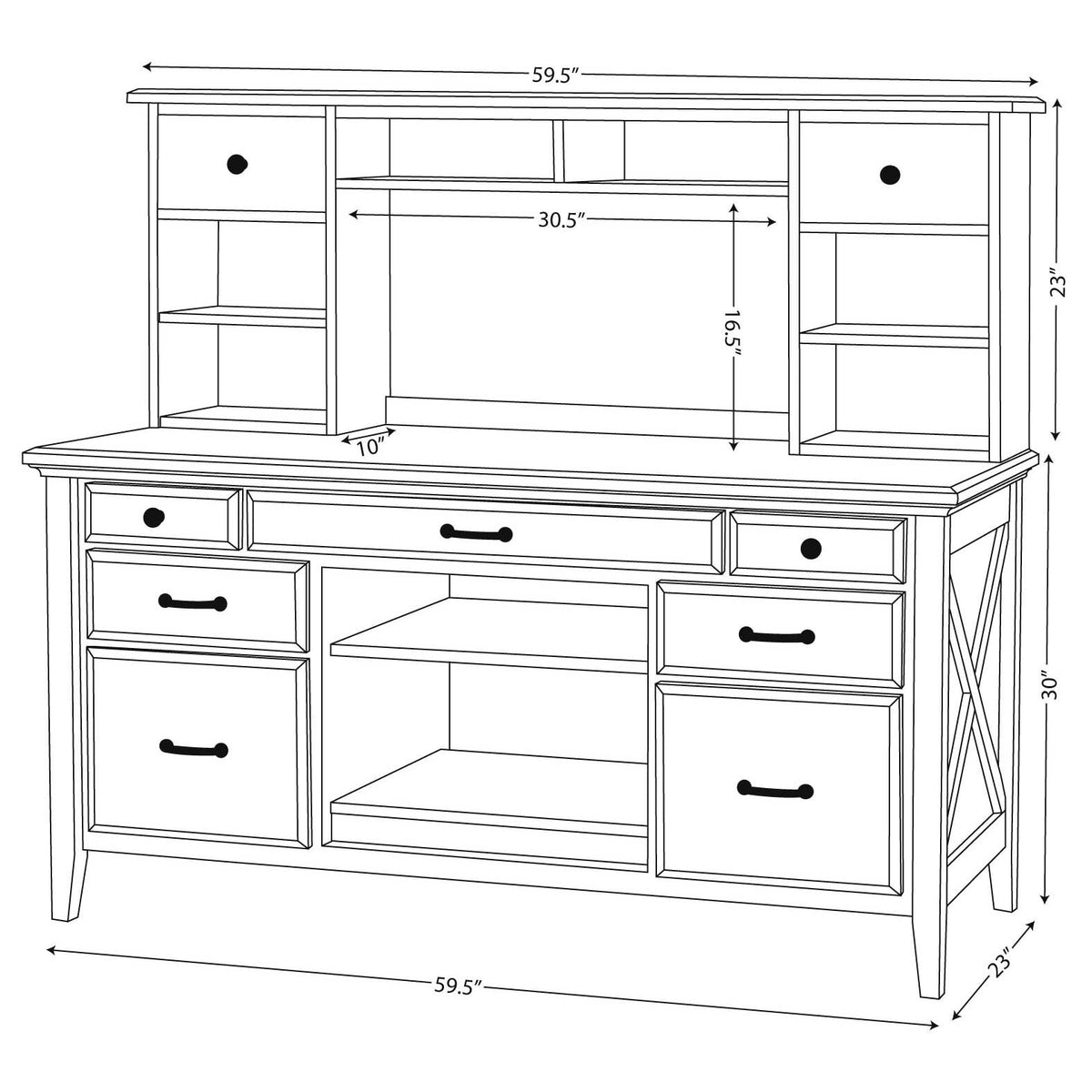 Dimension diagram of the credenza with hutch: 59.5 inches wide, 23 deep, 30 tall, hutch 23 inches high
