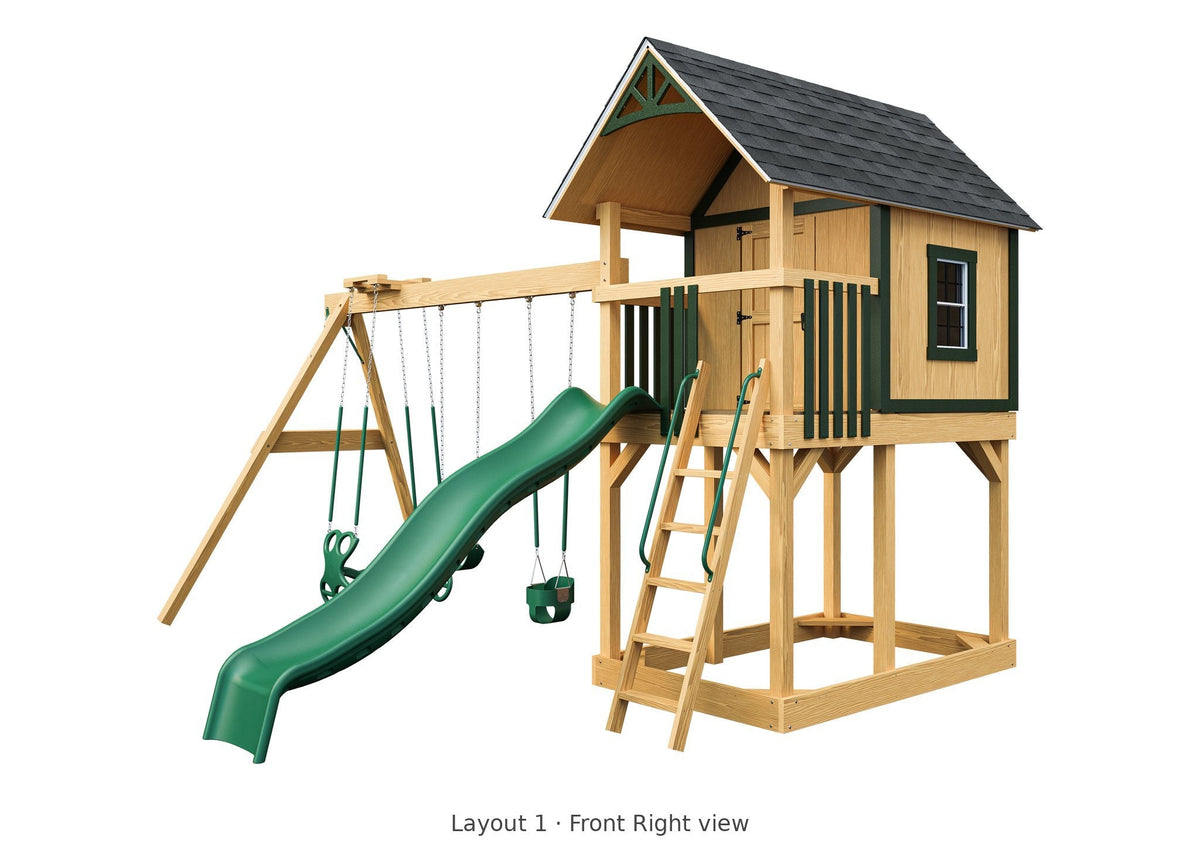 Amish Pocono Wooden Swing Set & Playset Kit – Layout 1, front right view