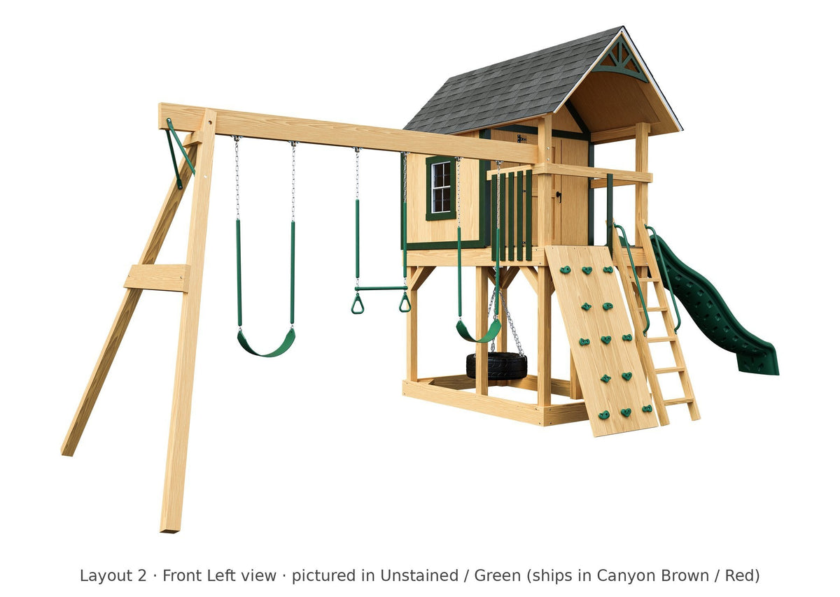 Amish Pocono Wooden Swing Set & Playset Kit – Layout 2, front left view (shown in Unstained with Green accents)