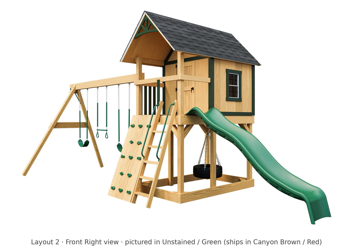 Amish Pocono Wooden Swing Set & Playset Kit – Layout 2, front right view (shown in Unstained with Green accents)