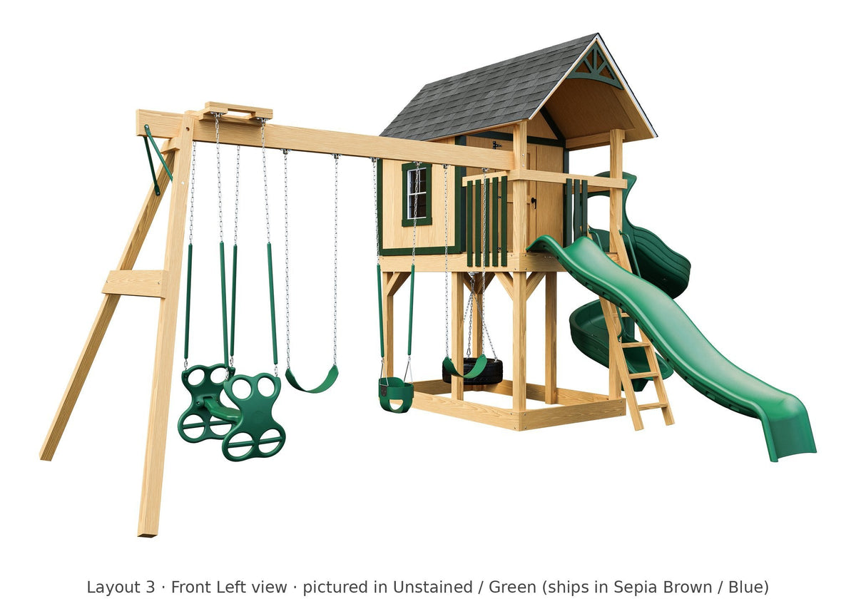 Amish Pocono Wooden Swing Set & Playset Kit – Layout 3, front left view (shown in Unstained with Green accents)