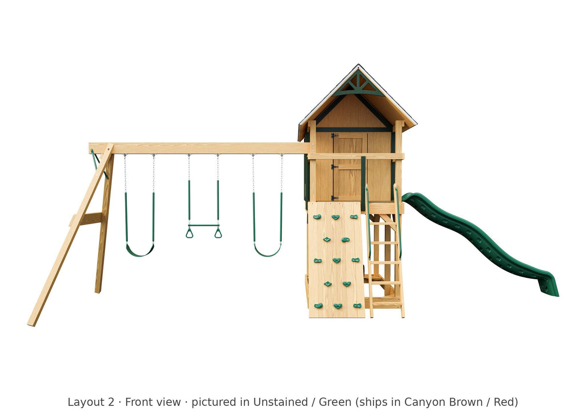 Amish Pocono Wooden Swing Set & Playset Kit – Layout 2, front view (shown in Unstained with Green accents)