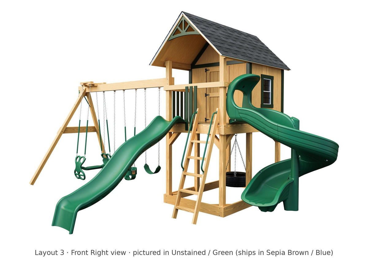 Amish Pocono Wooden Swing Set & Playset Kit – Layout 3, front right view (shown in Unstained with Green accents)