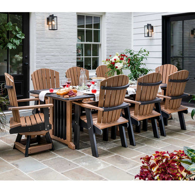 Cedar and black poly 96 inch bistro patio dining table with eight fan back chairs set for dinner on a bluestone patio