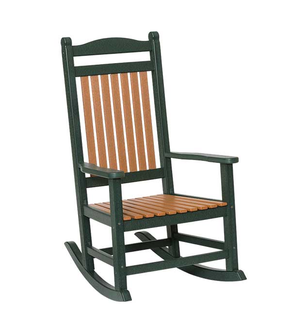 Lumbar support poly porch rocking chair with a green frame, cedar back slats and contoured slat seat