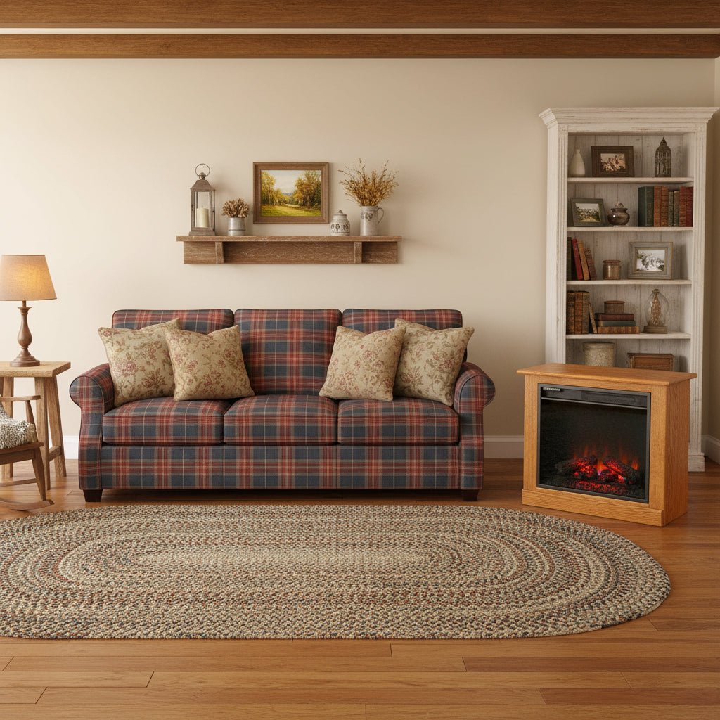 Compact oak portable electric fireplace on casters with glowing logs, standing beside a plaid sofa in a country living room