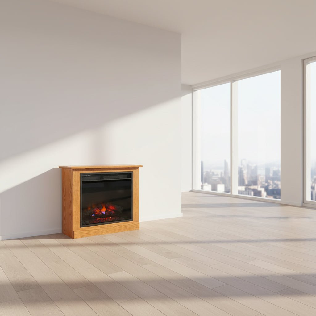 Wooden-framed electric fireplace insert with glowing logs on a white background