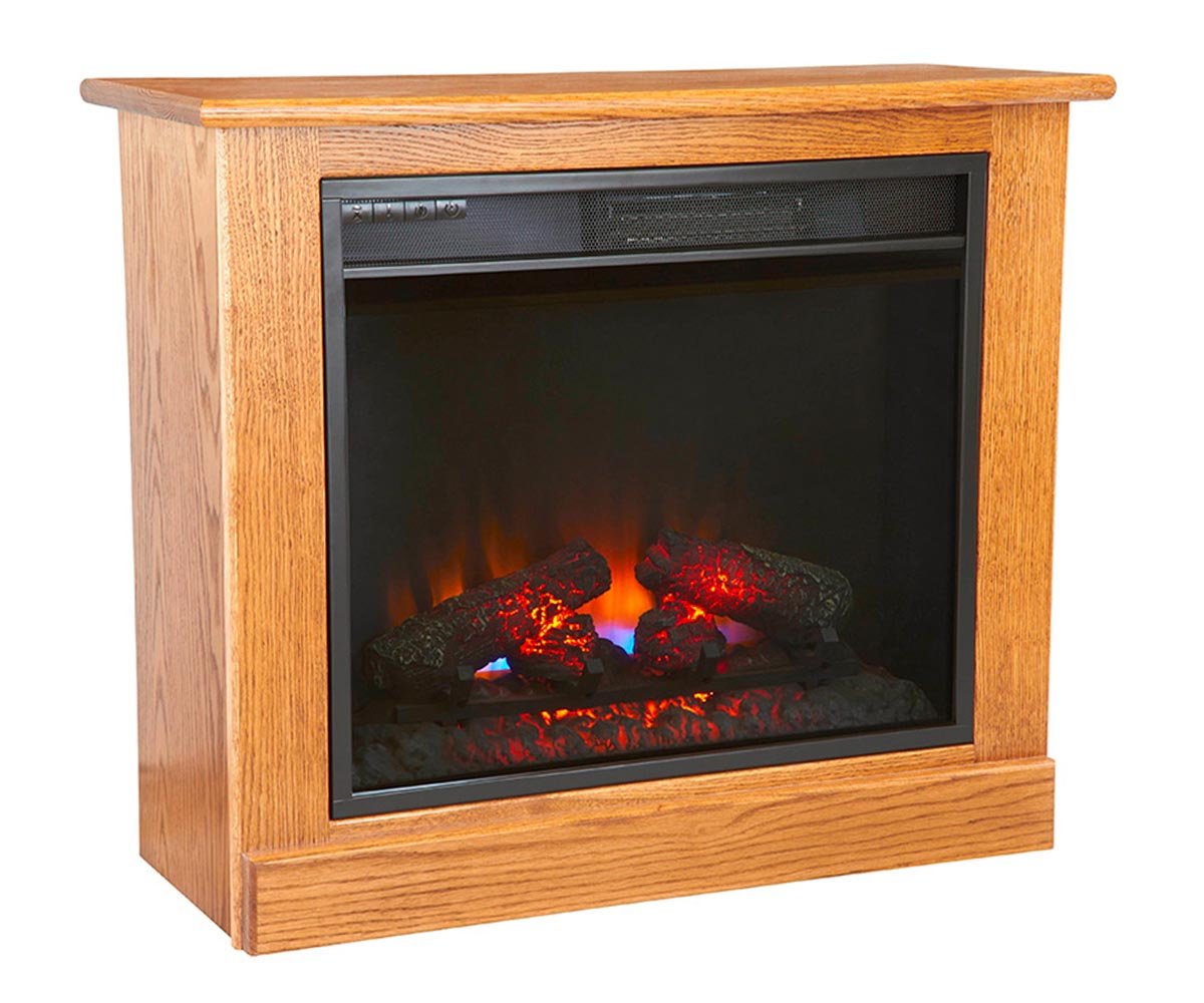 Wooden electric fireplace with glowing logs on a white background