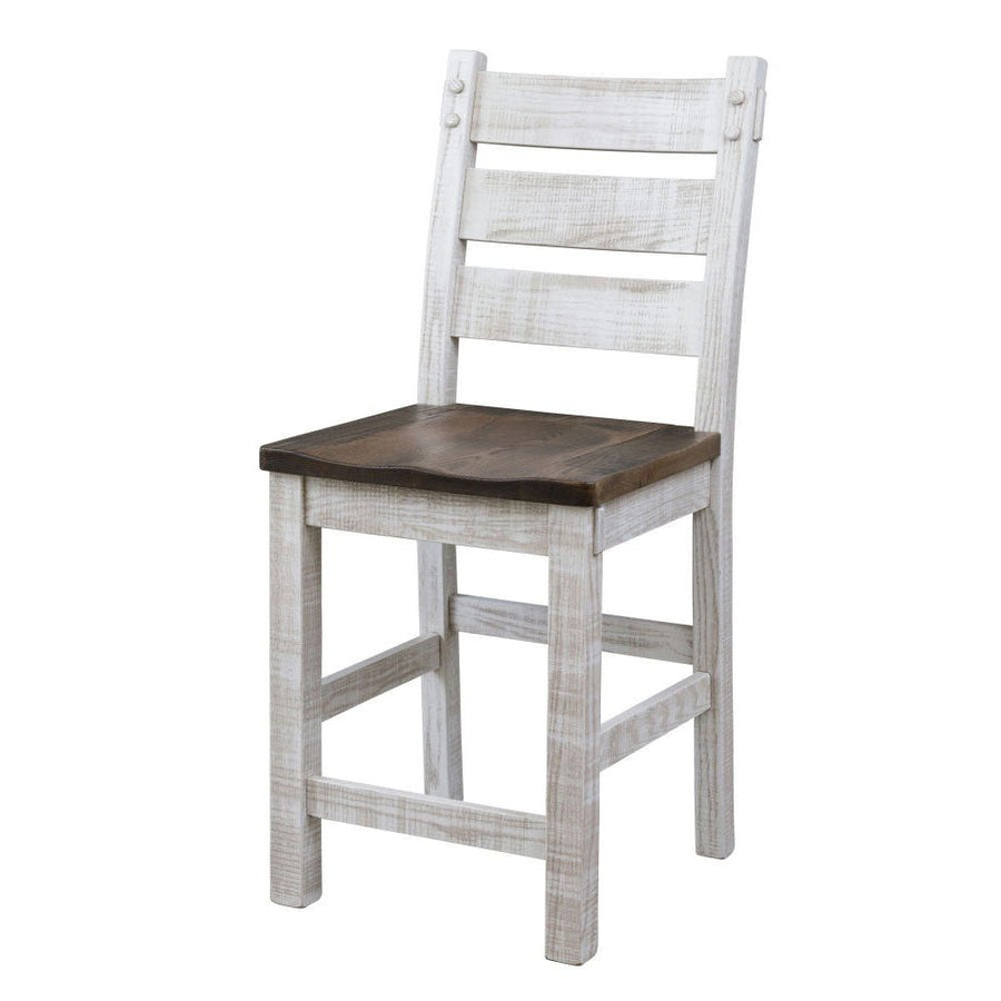 Distressed white counter stool with a ladder back, peg accents and a dark stained scooped seat