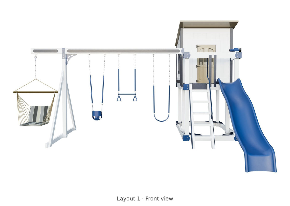 Amish Rainier Vinyl Playset & Swing Set Kit – Layout 1, front view