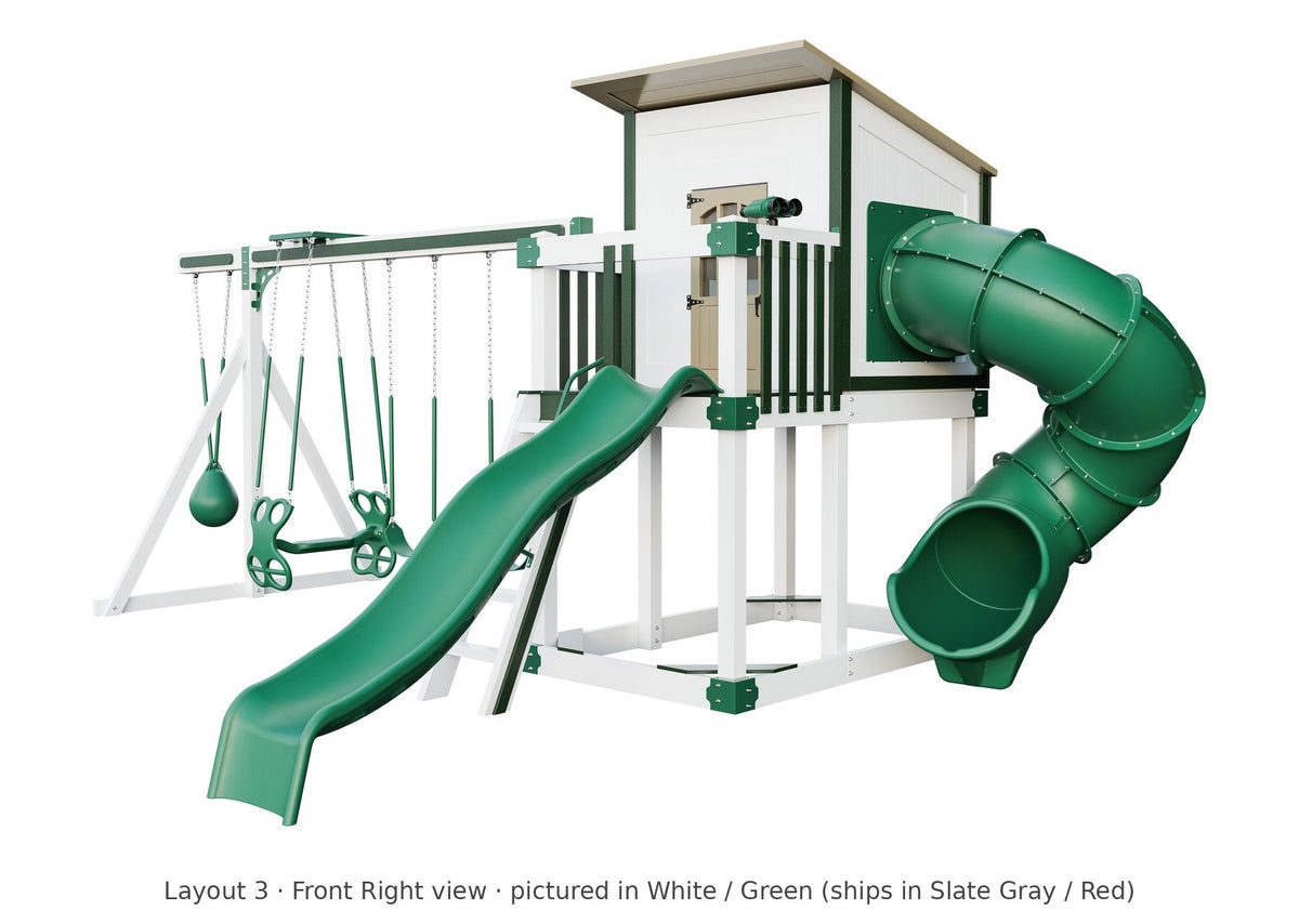 Amish Rainier Vinyl Playset & Swing Set Kit – Layout 3, front right view (shown in White with Green accents)
