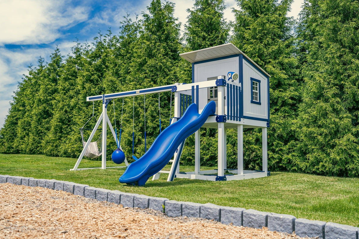 Rainier Vinyl Playset & Swing Set Kit – real-world photo (configuration and colors may differ from the layouts offered)