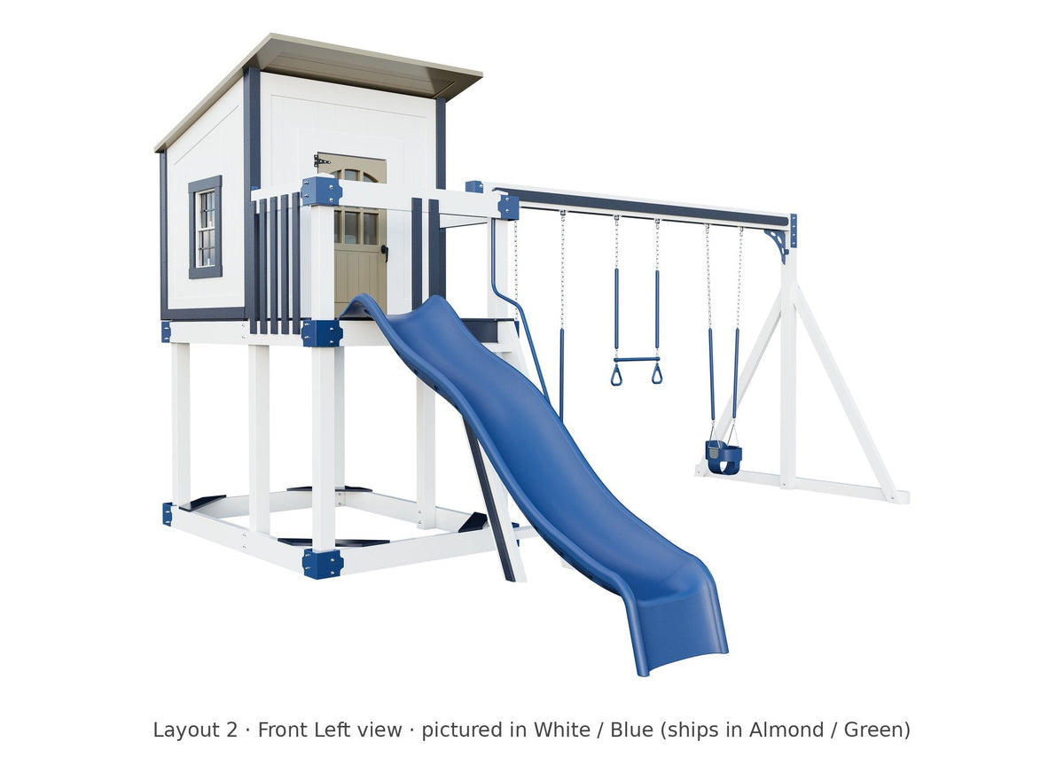Amish Rainier Vinyl Playset & Swing Set Kit – Layout 2, front left view (shown in White with Blue accents)