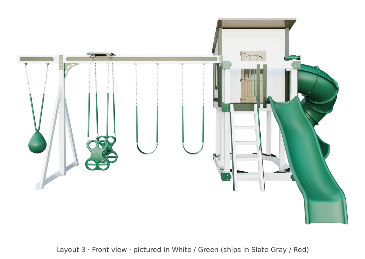 Amish Rainier Vinyl Playset & Swing Set Kit – Layout 3, front view (shown in White with Green accents)