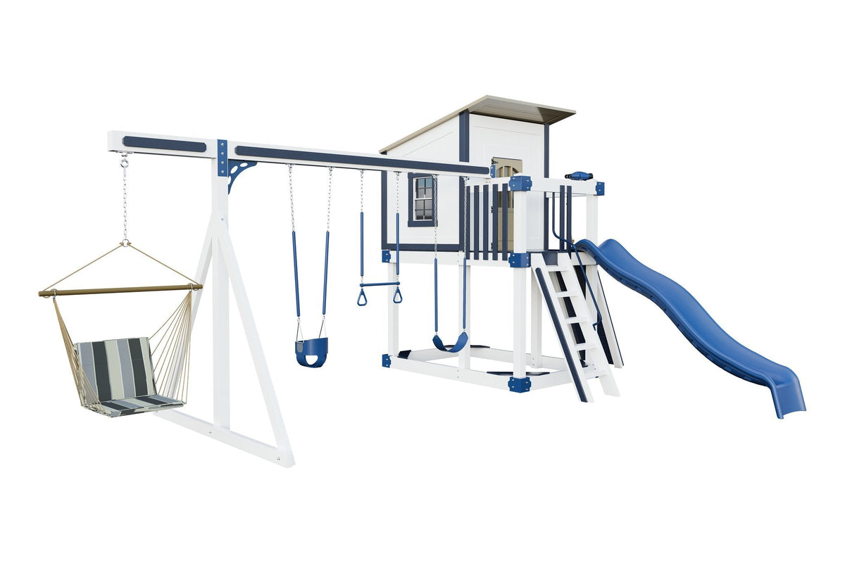 Amish Rainier Vinyl Playset & Swing Set Kit – Layout 1, White with Blue accents