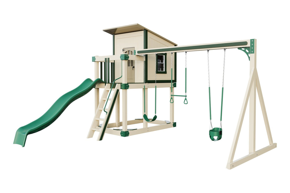 Amish Rainier Vinyl Playset & Swing Set Kit – Layout 2, Almond with Green accents