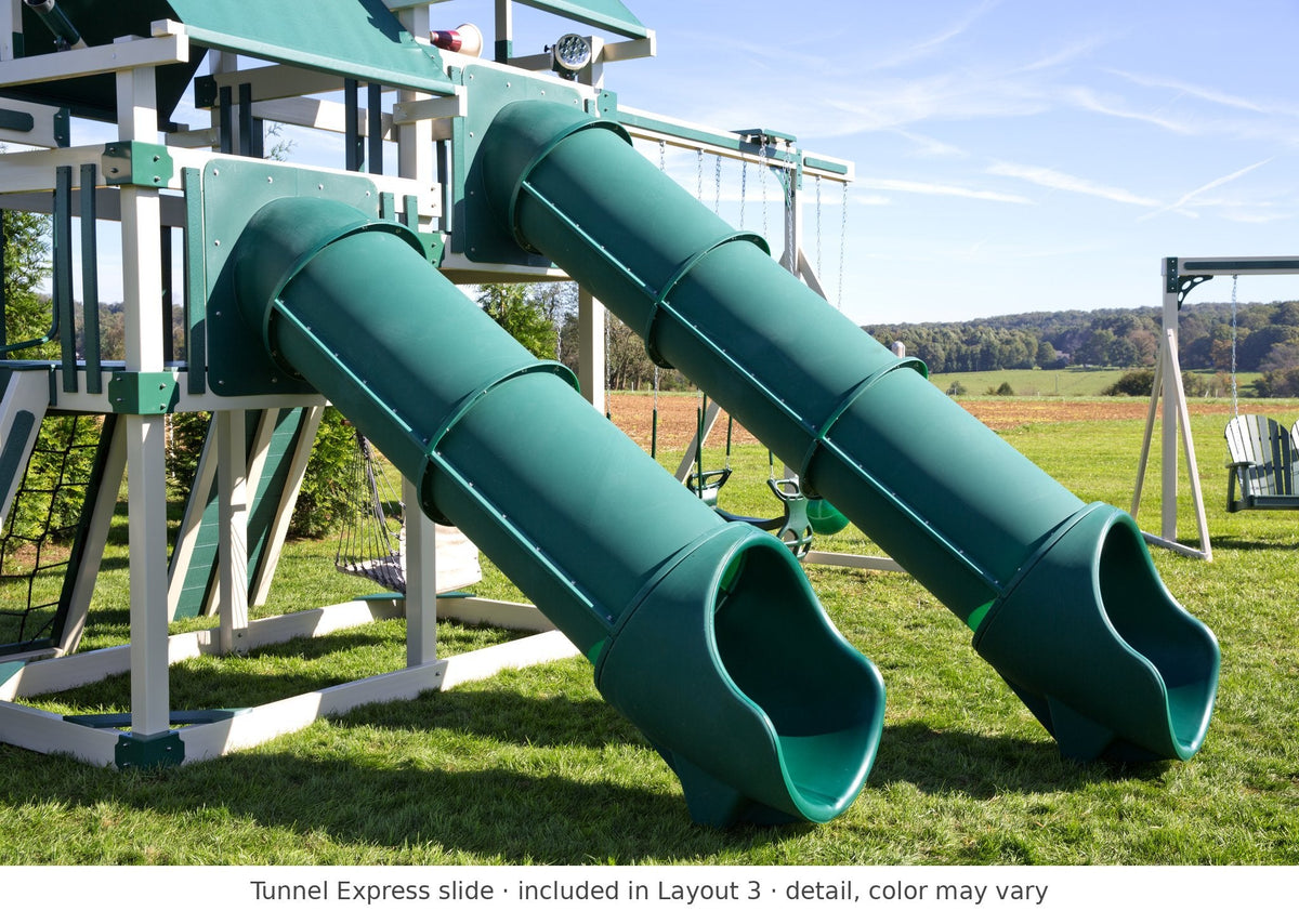 Tunnel Express slide detail – included in Layout 3 of the Rambler Peak Vinyl Playset & Swing Set Kit