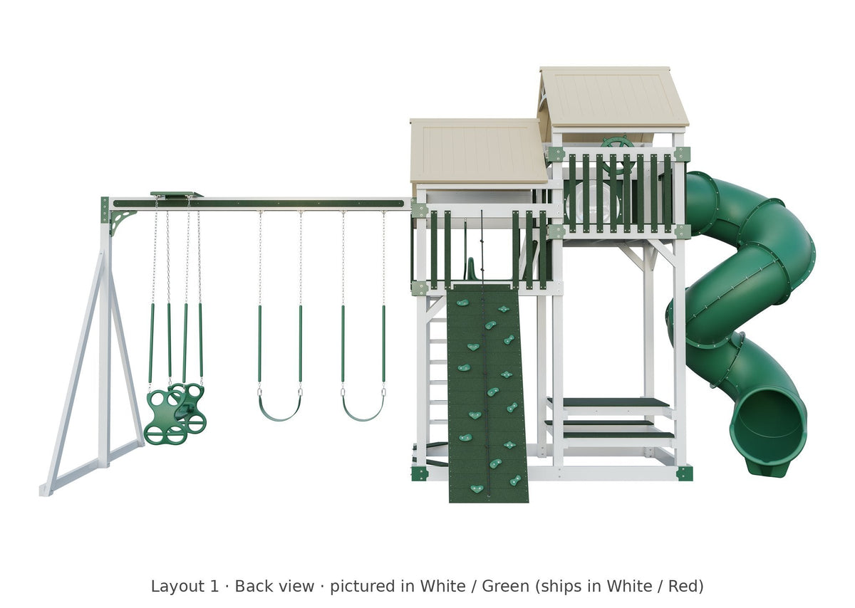 Amish Rambler Peak Vinyl Playset & Swing Set Kit – Layout 1, back view (shown in White with Green accents)