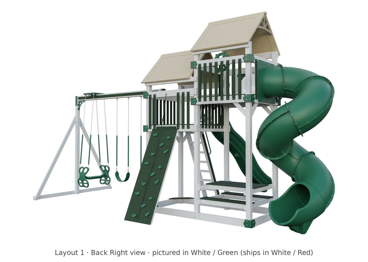 Amish Rambler Peak Vinyl Playset & Swing Set Kit – Layout 1, back right view (shown in White with Green accents)