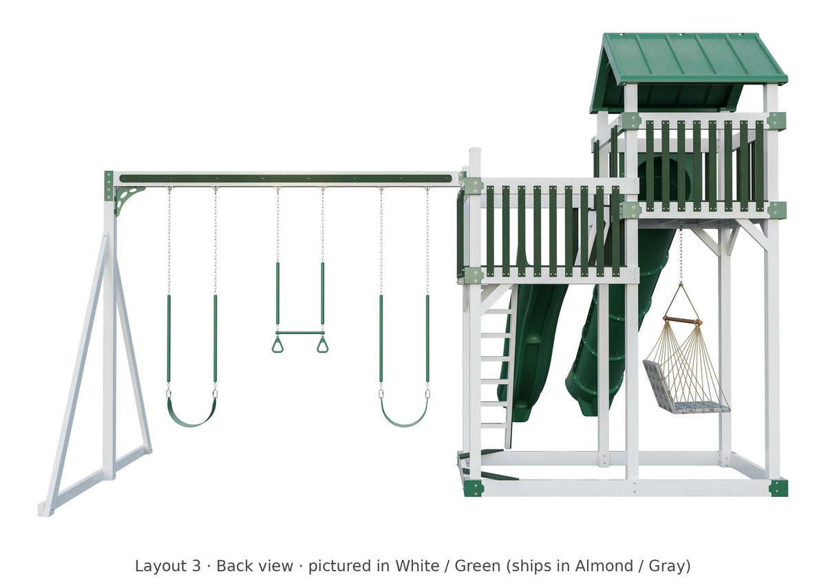 Amish Rambler Peak Vinyl Playset & Swing Set Kit – Layout 3, back view (shown in White with Green accents)