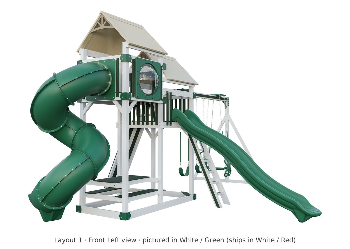 Amish Rambler Peak Vinyl Playset & Swing Set Kit – Layout 1, front left view (shown in White with Green accents)