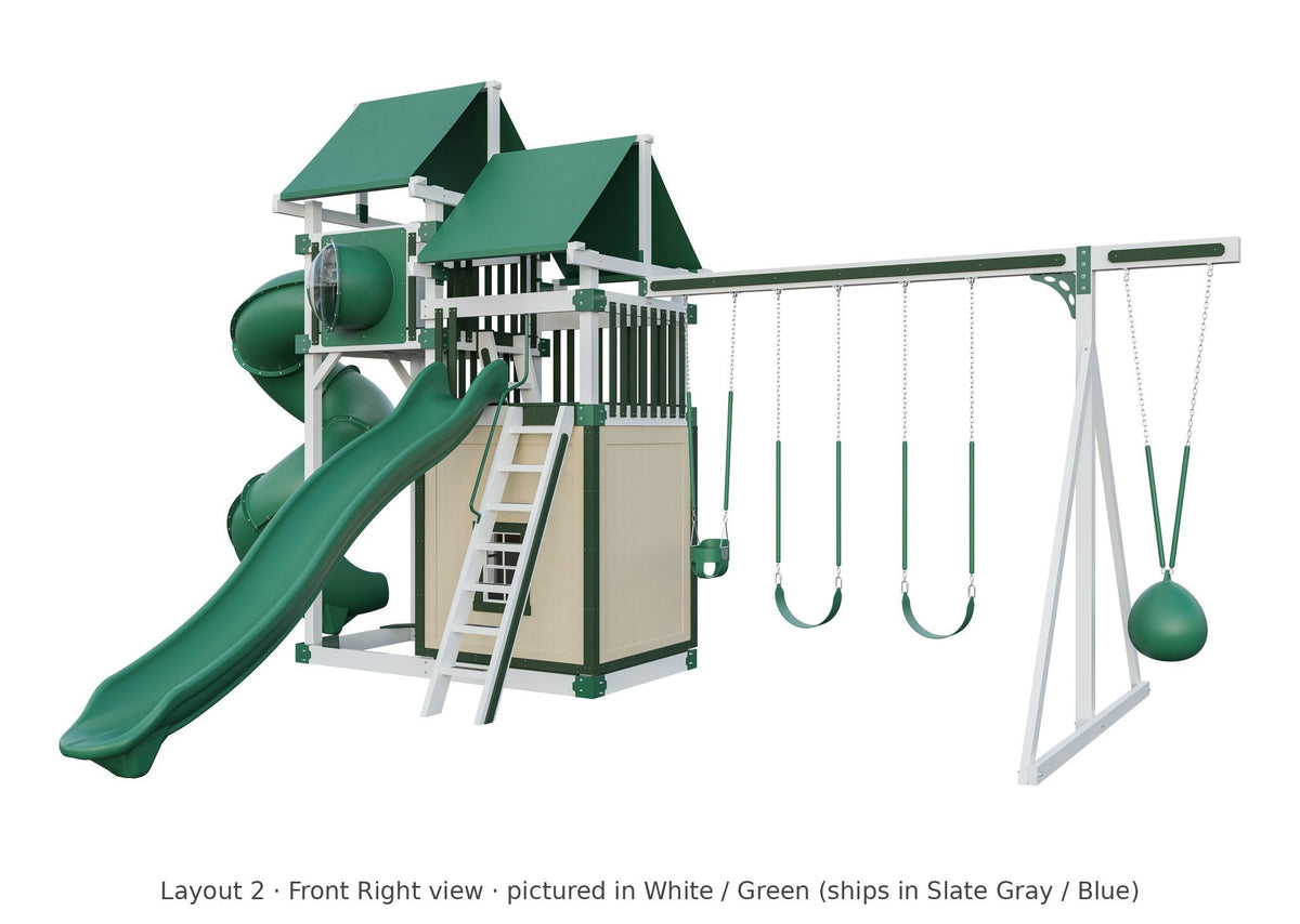 Amish Rambler Peak Vinyl Playset & Swing Set Kit – Layout 2, front right view (shown in White with Green accents)