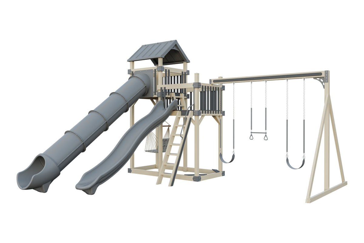 Amish Rambler Peak Vinyl Playset & Swing Set Kit – Layout 3, Almond with Gray accents