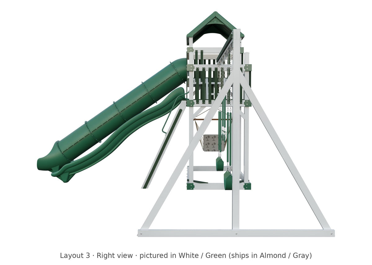 Amish Rambler Peak Vinyl Playset & Swing Set Kit – Layout 3, right view (shown in White with Green accents)