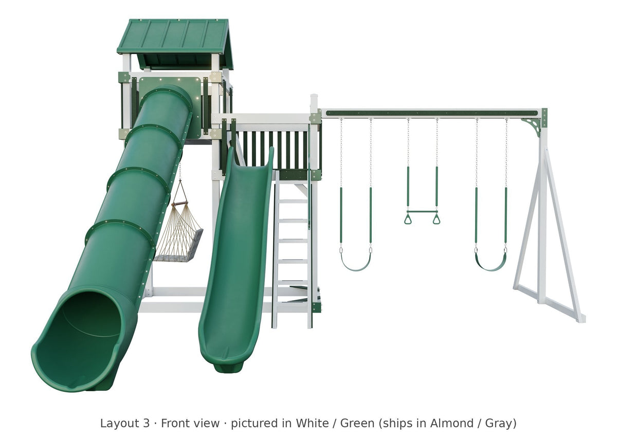 Amish Rambler Peak Vinyl Playset & Swing Set Kit – Layout 3, front view (shown in White with Green accents)