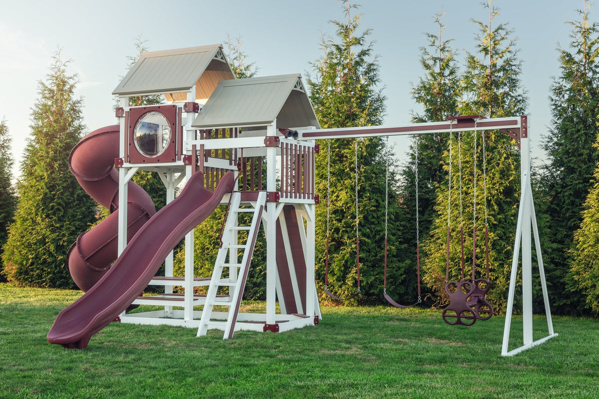Rambler Peak Vinyl Playset & Swing Set Kit – real-world photo (configuration and colors may differ from the layouts offered)