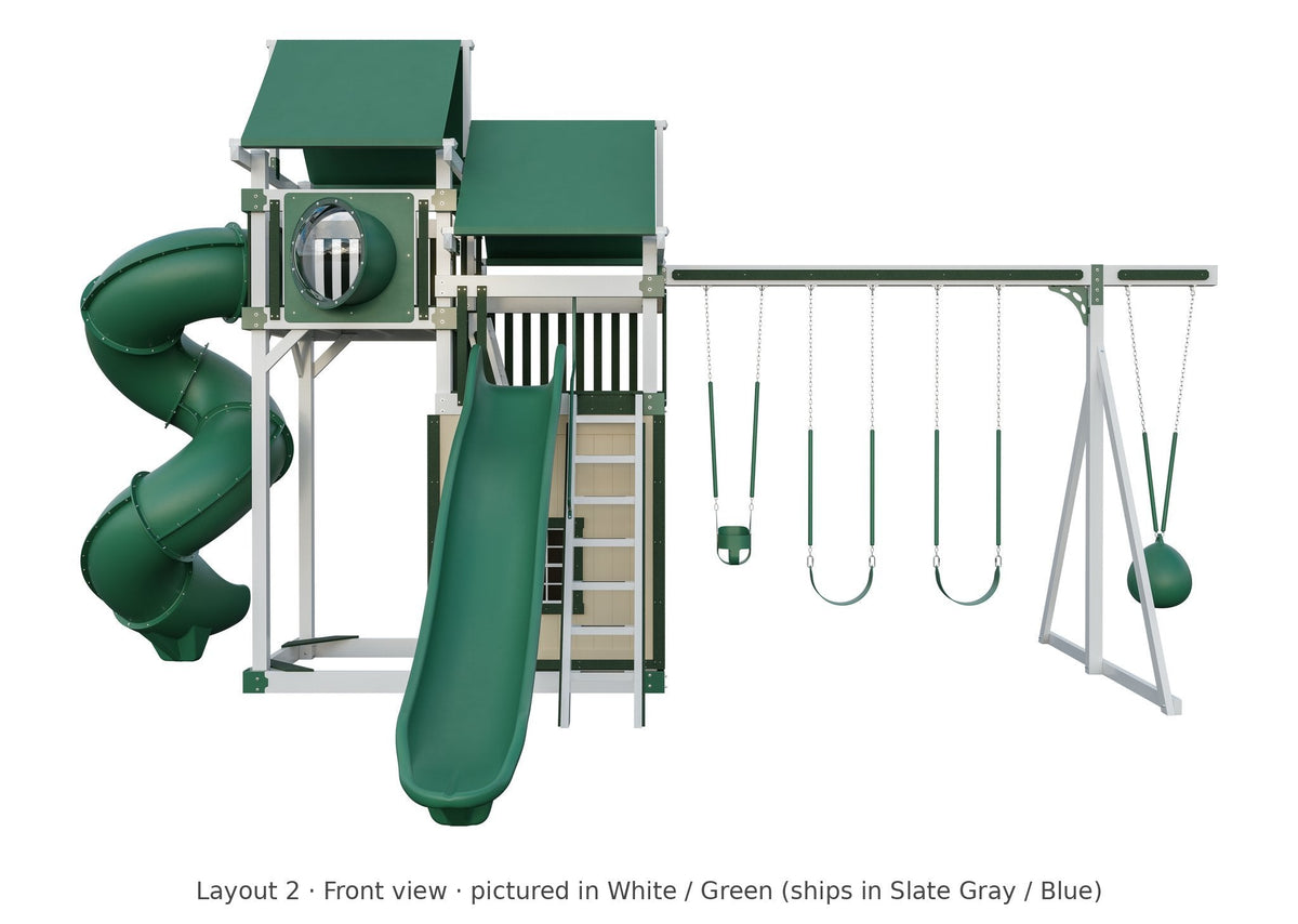 Amish Rambler Peak Vinyl Playset & Swing Set Kit – Layout 2, front view (shown in White with Green accents)