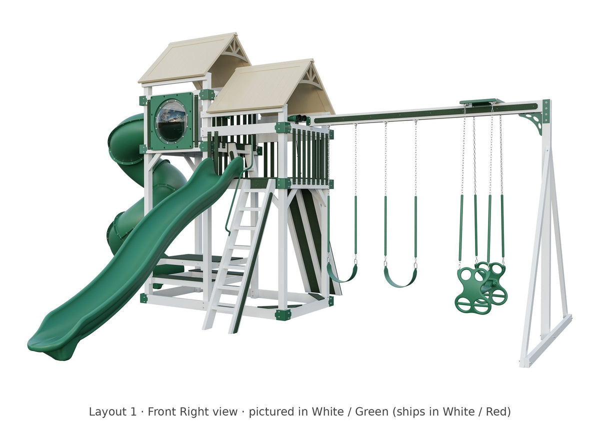 Amish Rambler Peak Vinyl Playset & Swing Set Kit – Layout 1, front right view (shown in White with Green accents)