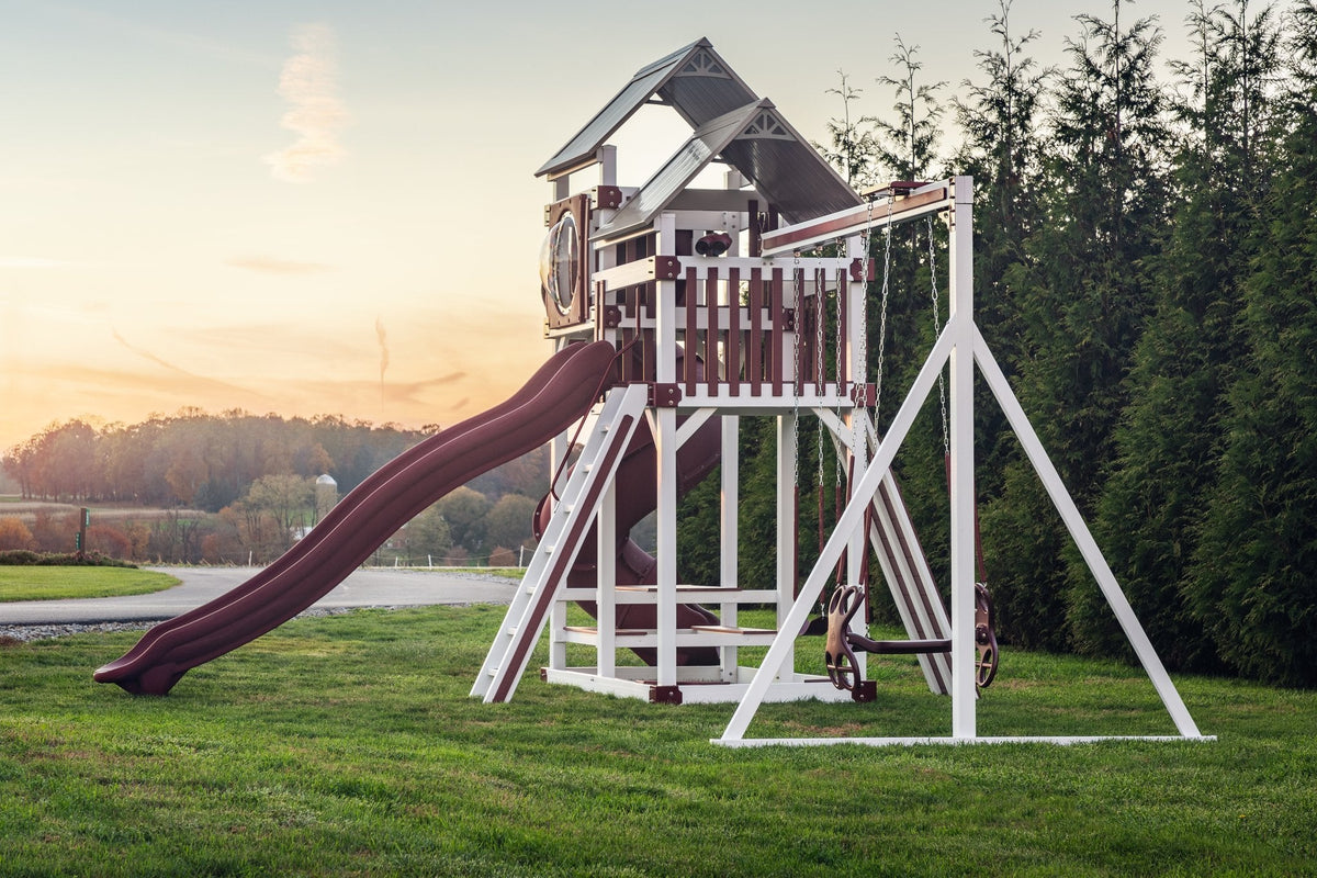 Rambler Peak Vinyl Playset & Swing Set Kit – real-world photo (configuration and colors may differ from the layouts offered)