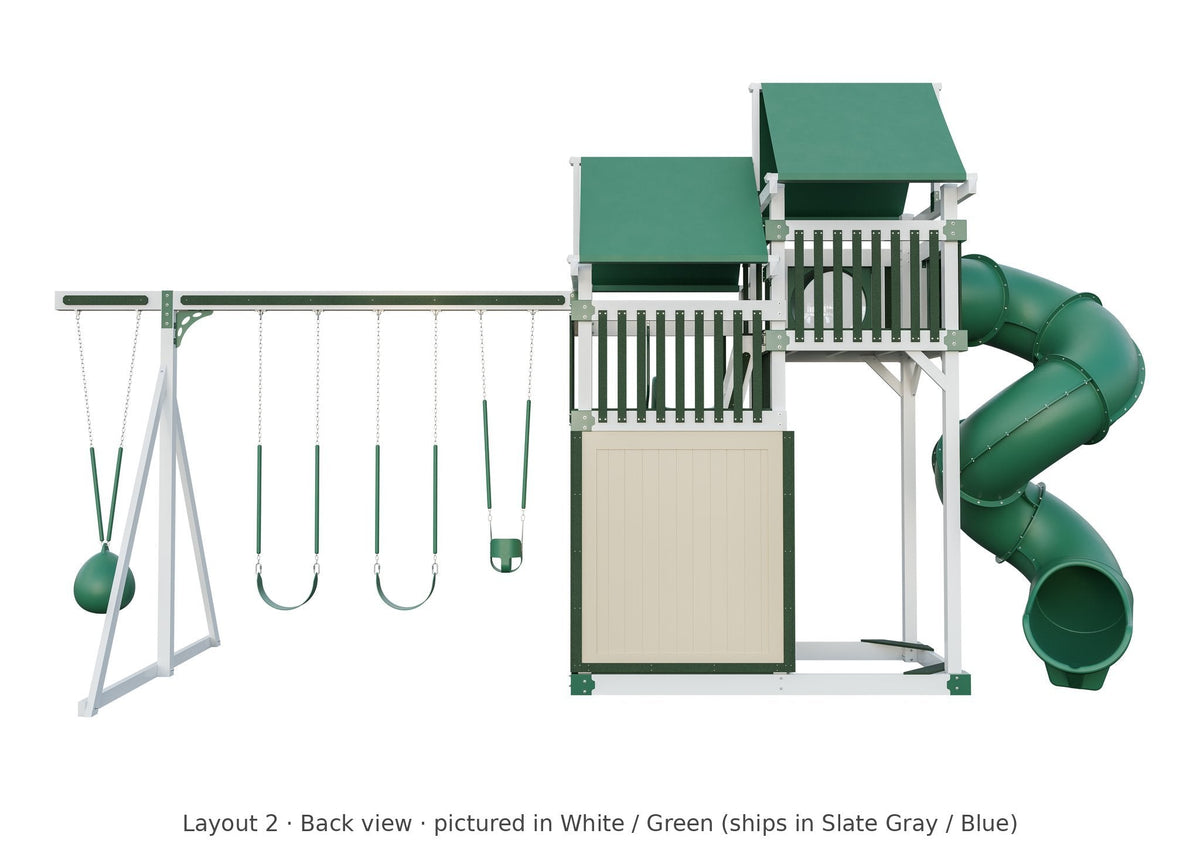 Amish Rambler Peak Vinyl Playset & Swing Set Kit – Layout 2, back view (shown in White with Green accents)
