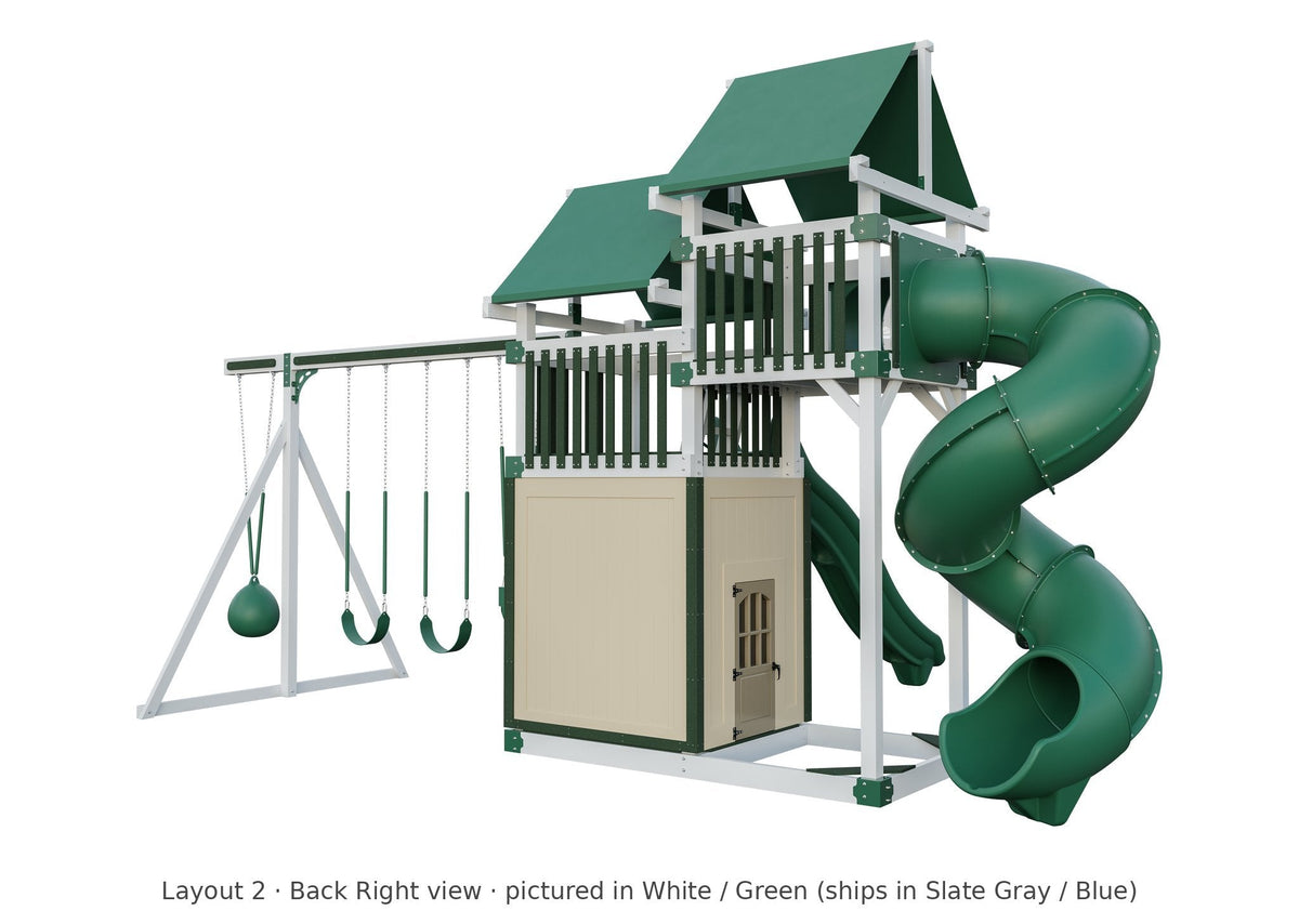 Amish Rambler Peak Vinyl Playset & Swing Set Kit – Layout 2, back right view (shown in White with Green accents)