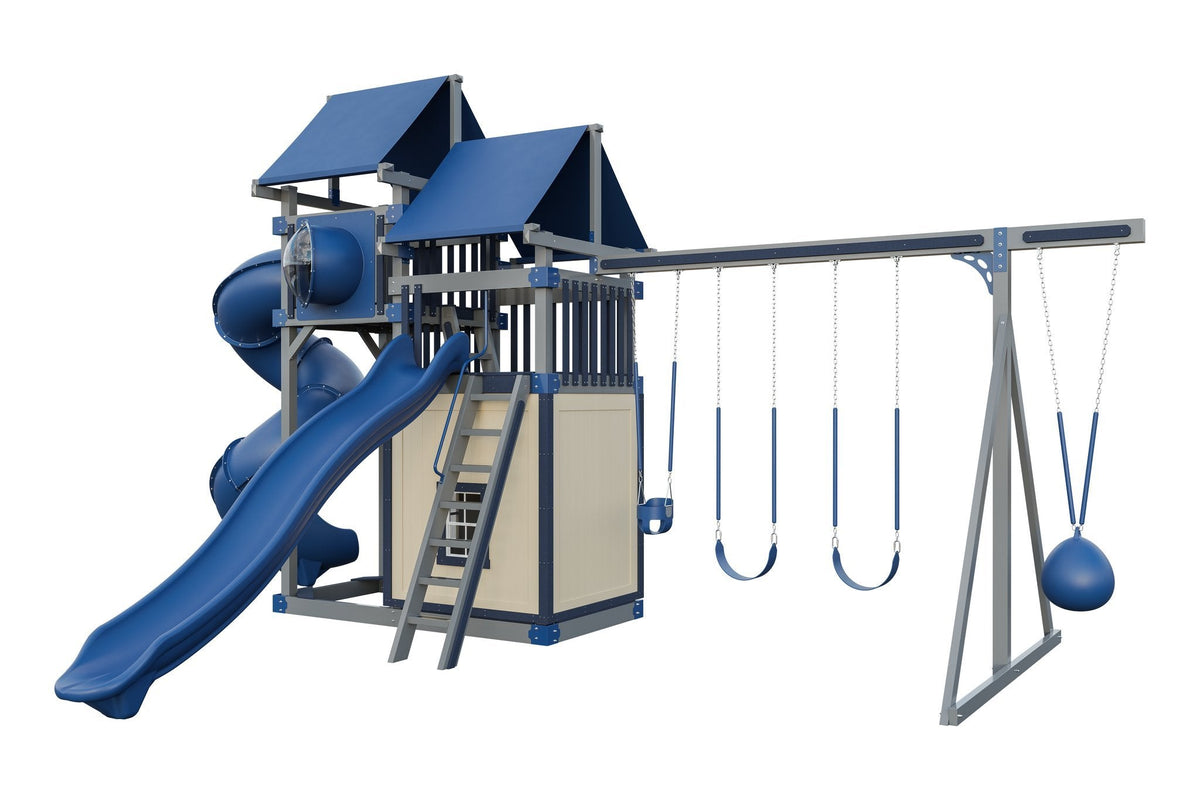 Amish Rambler Peak Vinyl Playset & Swing Set Kit – Layout 2, Slate Gray with Blue accents