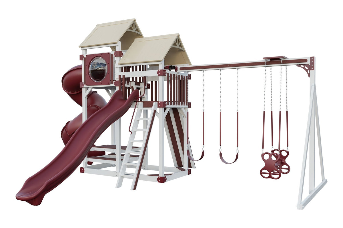 Amish Rambler Peak Vinyl Playset & Swing Set Kit – Layout 1, White with Red accents