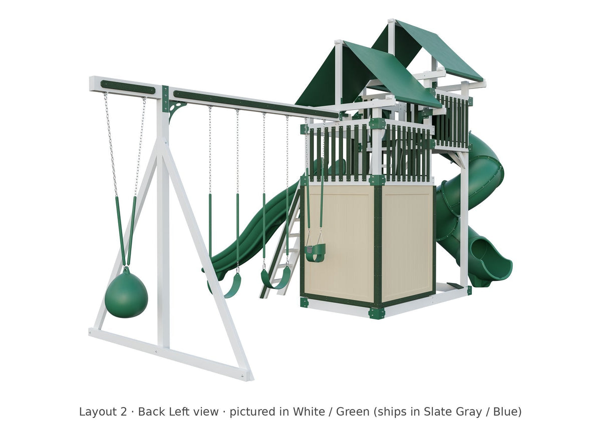 Amish Rambler Peak Vinyl Playset & Swing Set Kit – Layout 2, back left view (shown in White with Green accents)