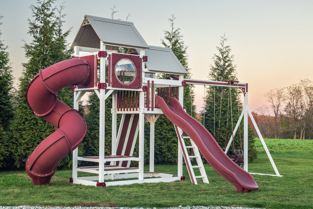Rambler Peak Vinyl Playset & Swing Set Kit – real-world photo (configuration and colors may differ from the layouts offered)