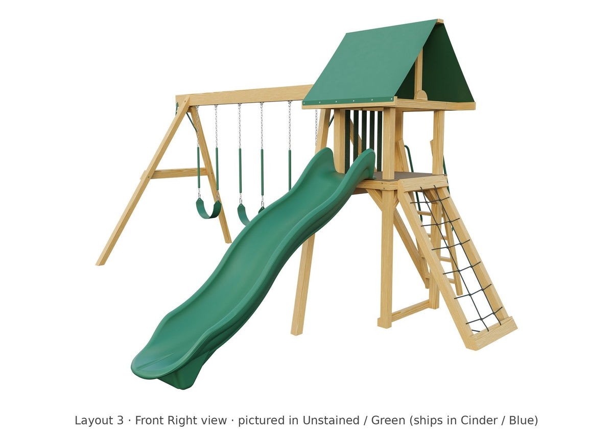 Amish Ranger Wooden Swing Set & Playset Kit – Layout 3, front right view (shown in Unstained with Green accents)