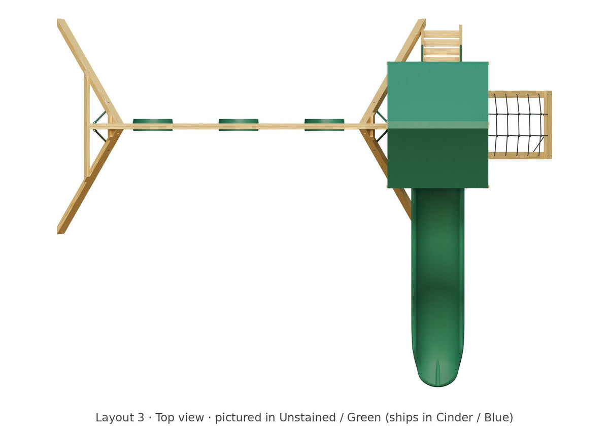 Amish Ranger Wooden Swing Set & Playset Kit – Layout 3, top view (shown in Unstained with Green accents)