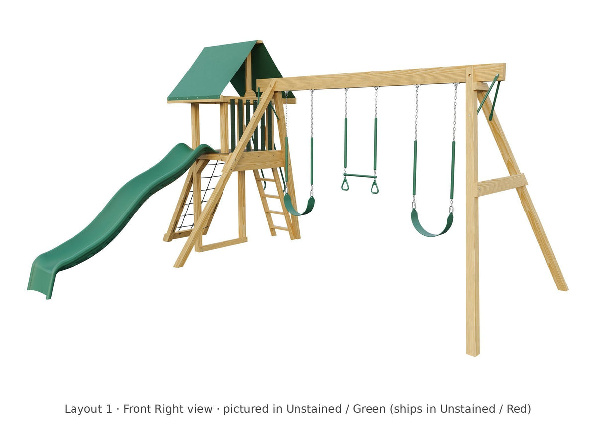 Amish Ranger Wooden Swing Set & Playset Kit – Layout 1, front right view (shown in Unstained with Green accents)