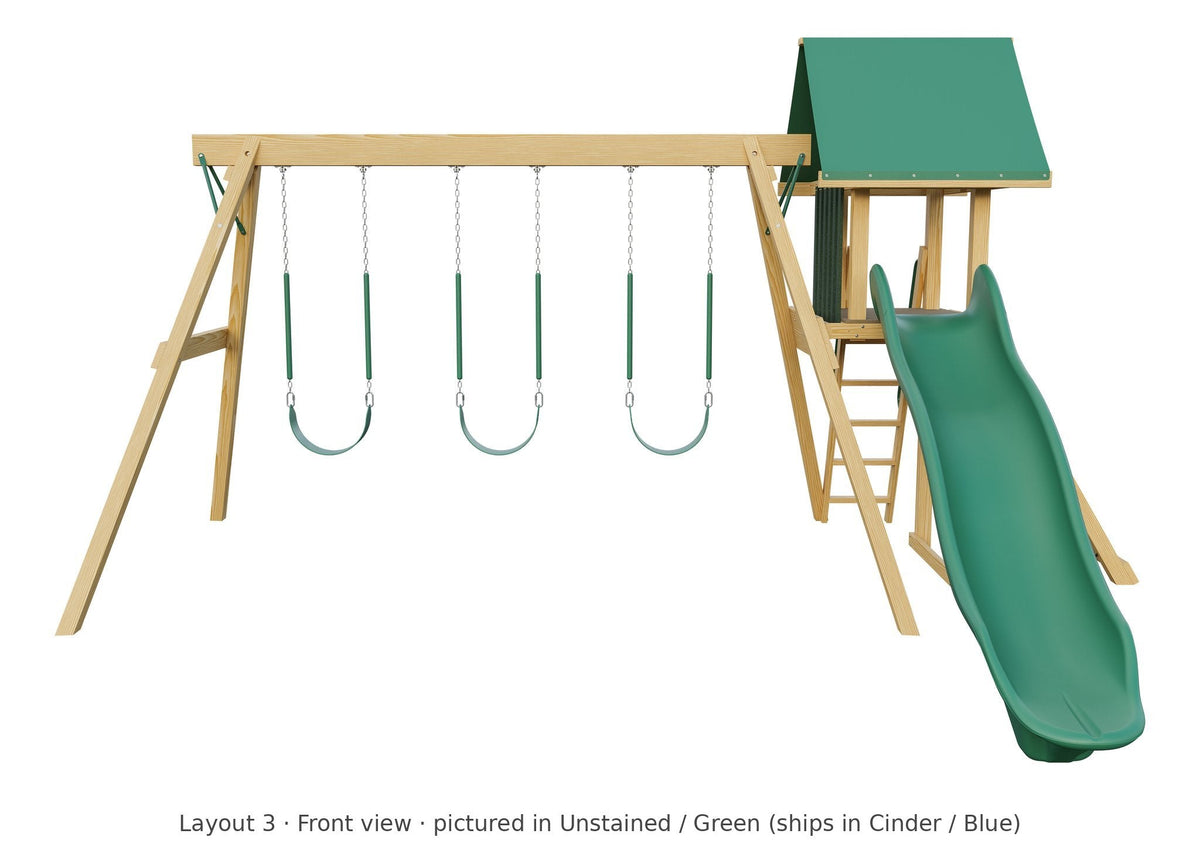 Amish Ranger Wooden Swing Set & Playset Kit – Layout 3, front view (shown in Unstained with Green accents)