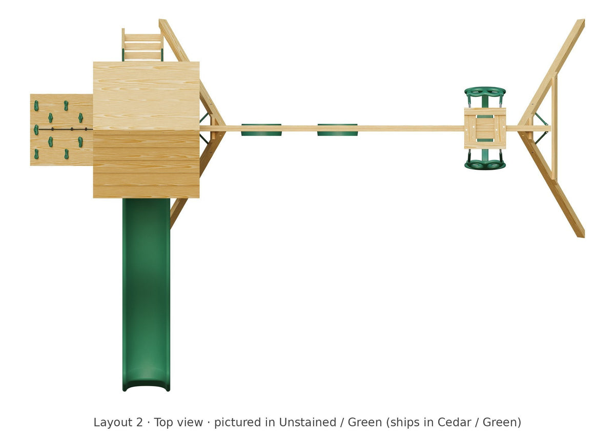 Amish Ranger Wooden Swing Set & Playset Kit – Layout 2, top view (shown in Unstained with Green accents)