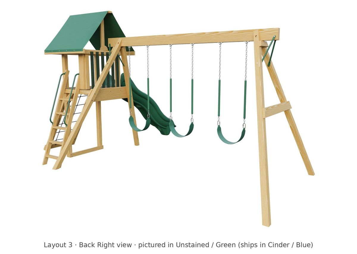 Amish Ranger Wooden Swing Set & Playset Kit – Layout 3, back right view (shown in Unstained with Green accents)