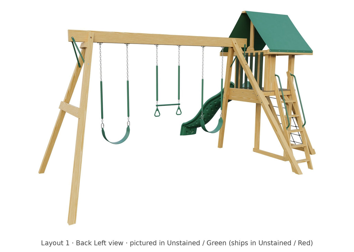 Amish Ranger Wooden Swing Set & Playset Kit – Layout 1, back left view (shown in Unstained with Green accents)