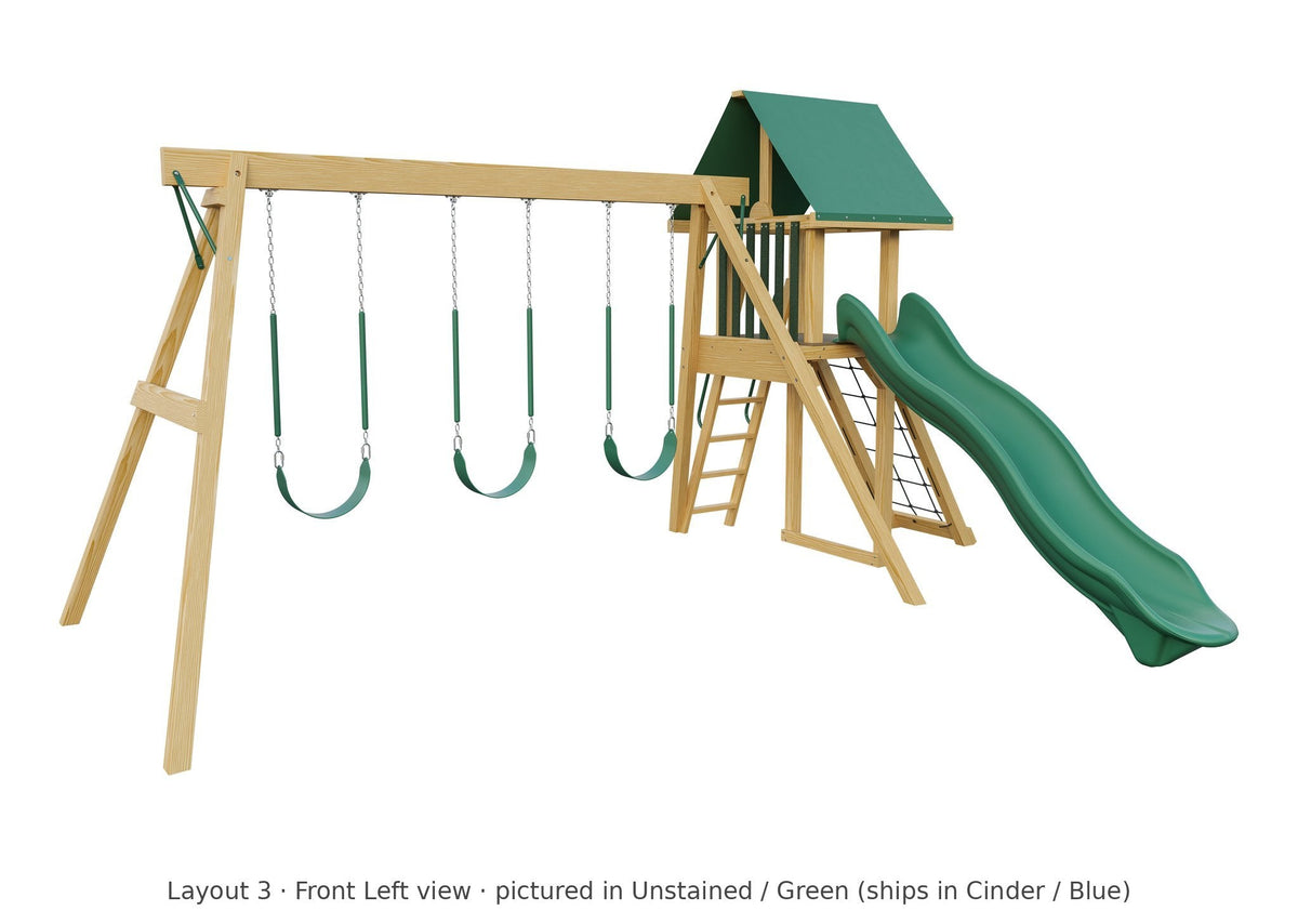 Amish Ranger Wooden Swing Set & Playset Kit – Layout 3, front left view (shown in Unstained with Green accents)