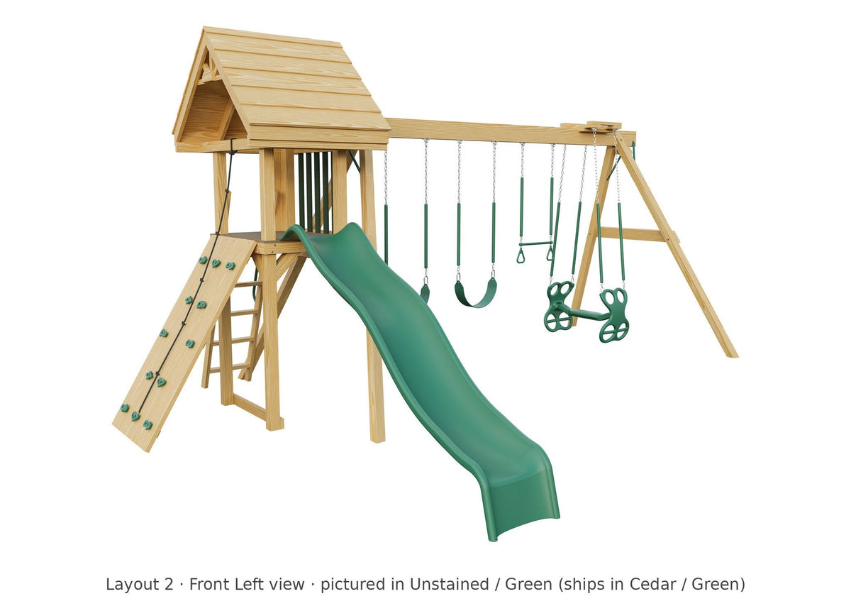 Amish Ranger Wooden Swing Set & Playset Kit – Layout 2, front left view (shown in Unstained with Green accents)